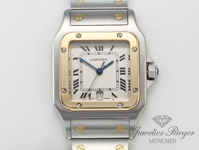 Cartier Santos Stahl Gelbgold 750 Datum Herrenuhr Edelstahl Gold Damenuhr