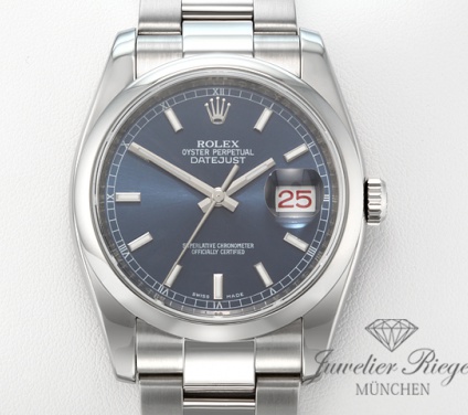 Front view of the watch, mainly showing the dial and bezel. Rolex Datejust 36 mm 116200 Edelstahl 2014 LC100 Automatik Herrenuhr Damenuhr Stahl
