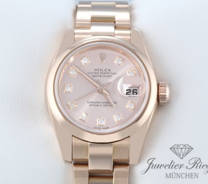 Front view of the watch, mainly showing the dial and bezel. Rolex Lady Datejust 179165 2005 LC100 Rosegold 750 Diamanten Automatik Damen Gold