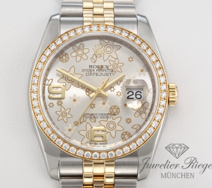 Uhransicht von vorne, hauptsächlich das Zifferblatt und die Lünette sichtbar. Rolex Datejust 36 mm 116243 2010 Stahl Gelbgold 750 Diamanten Automatik Gold
