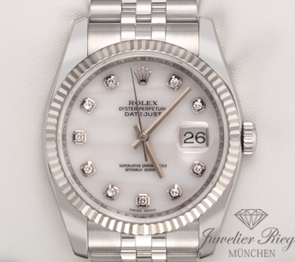 Front view of the watch, mainly showing the dial and bezel. Rolex Datejust 36 mm 116234 Stahl Weissgold 750 Cacholong Diamanten Automatik