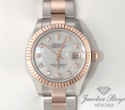 Front view of the watch, mainly showing the dial and bezel. Rolex Lady Datejust 28 mm 279171 Edelstahl Rosegold 750 Diamanten Automatik Gold
