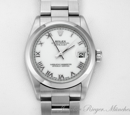 Front view of the watch, mainly showing the dial and bezel. Rolex Medium Datejust 31 mm 2004/05 Edelstahl Automatik Damen Stahl Lady