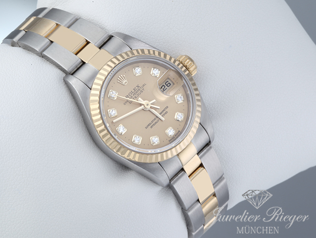 Image 3 of gallery: Rolex Lady Datejust Edelstahl Gelbgold 750 Diamanten 1995 Automatik Gold Stahl