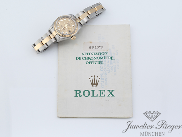 Image 7 of gallery: Rolex Lady Datejust Edelstahl Gelbgold 750 Diamanten 1995 Automatik Gold Stahl