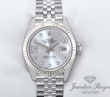 Front view of the watch, mainly showing the dial and bezel. Rolex Lady Datejust 28 279174 2018 Edelstahl Weissgold 750 Diamanten Automatik