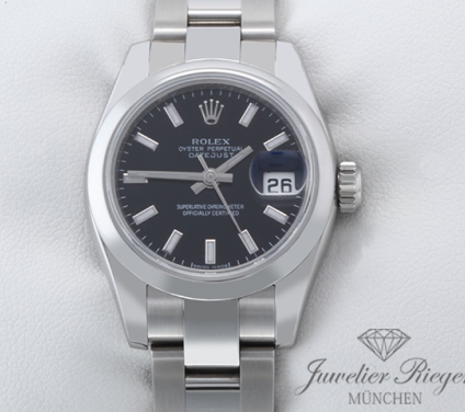 Front view of the watch, mainly showing the dial and bezel. Rolex Lady Datejust 26 mm 179160 2010 Edelstahl Automatik Damen Stahl Damenuhr