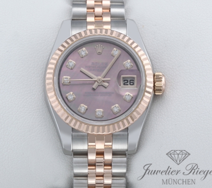 Front view of the watch, mainly showing the dial and bezel. Rolex Lady Datejust 179171 Stahl Roségold 750 Diamanten Perlmutt Automatik