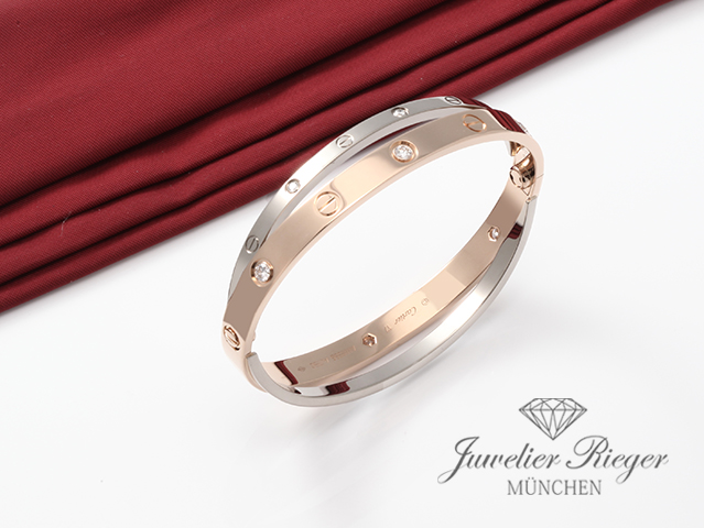 Image 3 of gallery: Cartier Armreif Love Doppelt Weissgold & Rosegold 750 Diamanten Gr 17 Gold