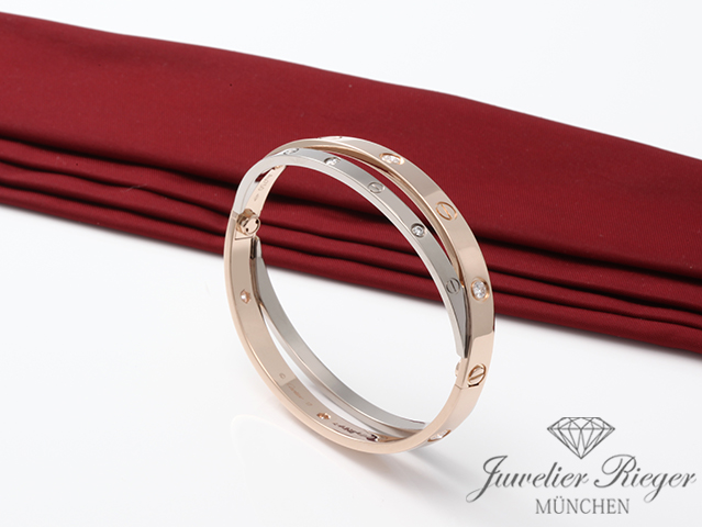 Image 4 of gallery: Cartier Armreif Love Doppelt Weissgold & Rosegold 750 Diamanten Gr 17 Gold