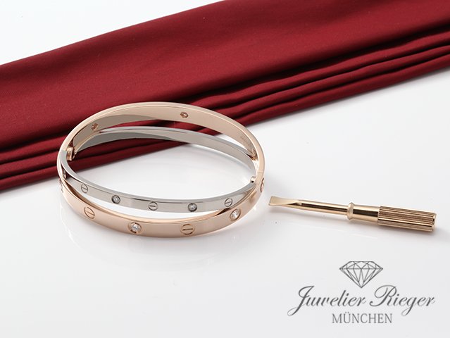 Image 5 of gallery: Cartier Armreif Love Doppelt Weissgold & Rosegold 750 Diamanten Gr 17 Gold