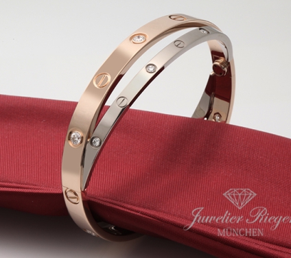 . Cartier Armreif Love Doppelt Weissgold & Rosegold 750 Diamanten Gr 17 Gold