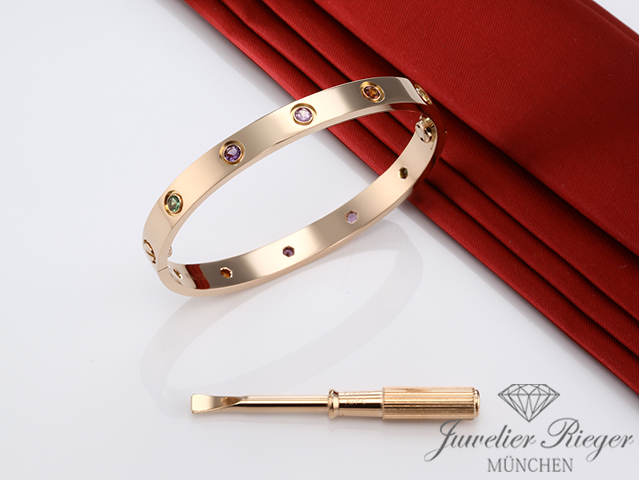 Bild 4 der Galerie: Cartier Armreif Love Rosegold 750 Größe 17 2014 Saphire Amethyst Granat Gold