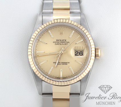 Front view of the watch, mainly showing the dial and bezel. Rolex Datejust 36 mm 16233 1998 Stahl Gelbgold 750 Automatik Rolex-Service 2025