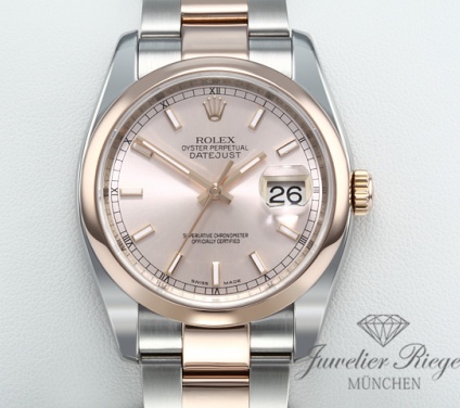 Front view of the watch, mainly showing the dial and bezel. Rolex Datejust 36 mm 116201 Stahl Rosegold 750 Automatik Rotgold Gold