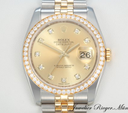 Front view of the watch, mainly showing the dial and bezel. Rolex Datejust 36 mm 116243 2014 Stahl Gelbgold 750 Diamanten Automatik
