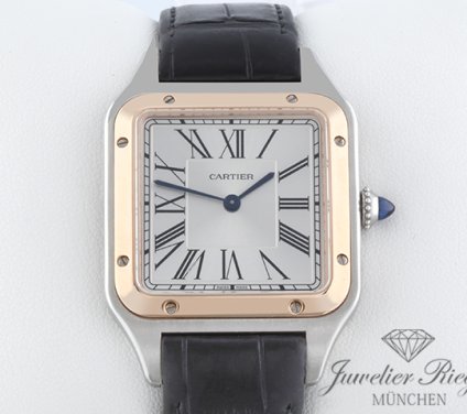Uhransicht von vorne, hauptsächlich das Zifferblatt und die Lünette sichtbar. Cartier Santos Dumont LM Edelstahl Rosegold 750 W2SA0011 2024 Gold