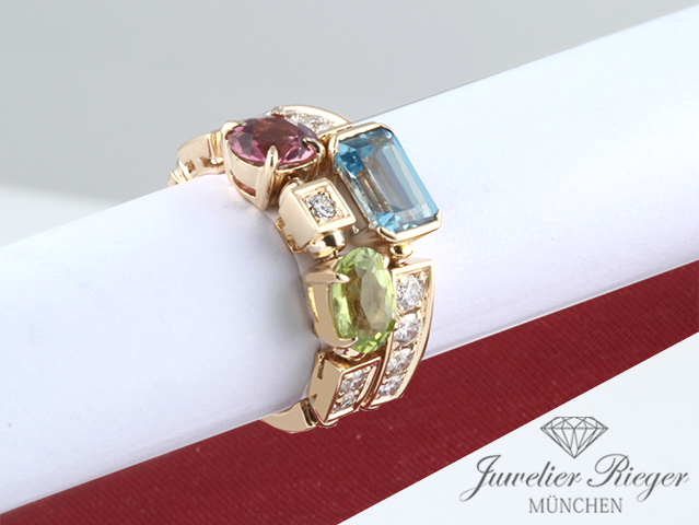 Bild 2 der Galerie: Bulgari Ring Allegra Gelbgold 750 Diamanten Blautopas Peridot Turmalin 52 Gold