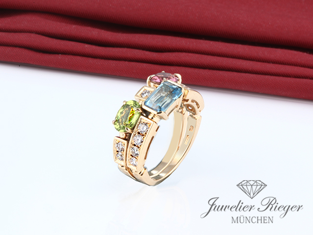 Bild 4 der Galerie: Bulgari Ring Allegra Gelbgold 750 Diamanten Blautopas Peridot Turmalin 52 Gold