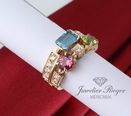 . Bulgari Ring Allegra Gelbgold 750 Diamanten Blautopas Peridot Turmalin 52 Gold