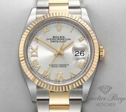 Front view of the watch, mainly showing the dial and bezel. Rolex Datejust 36 126233 2025 Edelstahl Gelbgold 750 Diamanten Automatik Gold