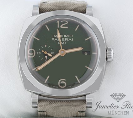 Uhransicht von vorne, hauptsächlich das Zifferblatt und die Lünette sichtbar. Panerai Radiomir 1940 GMT 45 mm PAM00998 2019 Green Edelstahl Automatik Stahl