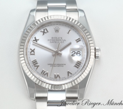 Front view of the watch, mainly showing the dial and bezel. Rolex Datejust 36 116234 Stahl Weissgold 750 2005 LC100 Automatik Gold