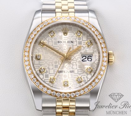 Front view of the watch, mainly showing the dial and bezel. Rolex Datejust 36 mm 116243 2015 Stahl Gelbgold 750 Diamanten Automatik Gold