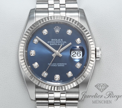 Front view of the watch, mainly showing the dial and bezel. Rolex Datejust 36 mm 116234 2012 Stahl Weissgold 750 Diamanten Automatik Gold