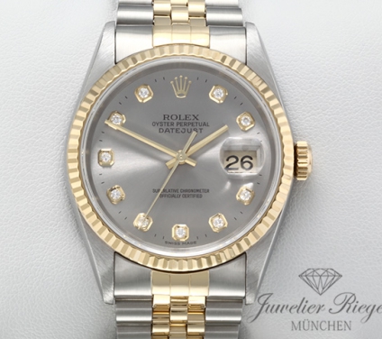 Front view of the watch, mainly showing the dial and bezel. Rolex Datejust 36 mm 16233 2001 Diamanten Stahl Gelbgold 750 Automatik Gold