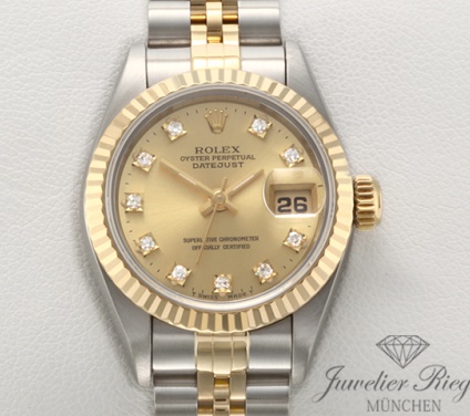 Uhransicht von vorne, hauptsächlich das Zifferblatt und die Lünette sichtbar. Rolex Lady Datejust Edelstahl Gelbgold 750 1995 LC100 Diamanten Automatik Gold Stahl