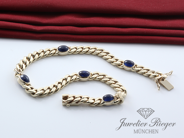 Bild 3 der Galerie: Wondervolles Panzer-Armband Gelbgold 585 blaue Saphire Länge 19,5 cm Gold